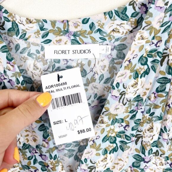 Floret Studios Multi Floral Midi 90s Teal Dress Buttons Large - Picture 7 of 9